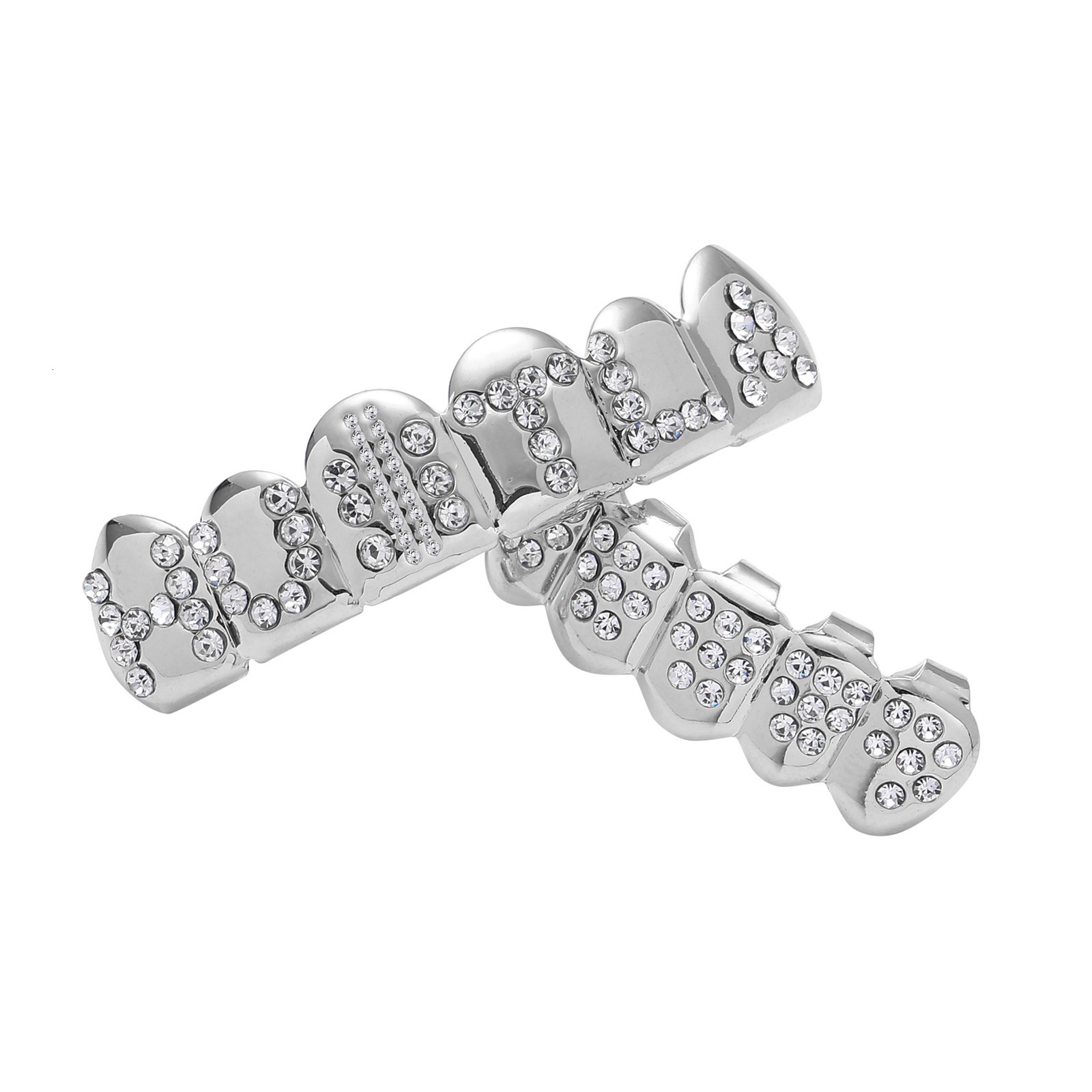 18K Gold Iced Out Lettered Diamond Grillz Vampire Fake Teeth Luxury Halloween Accessory