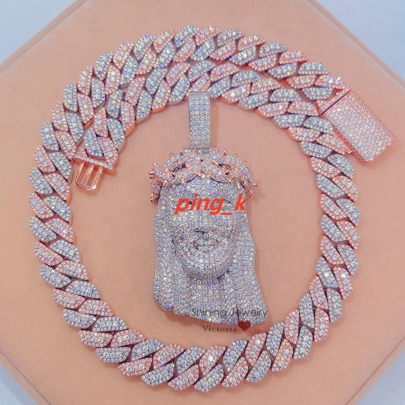 Rose GOld 2 Tone Sterling Silver Iced Out Hip Hop Moissanite Diamond Cuban Chain VVS Jesus Pendant