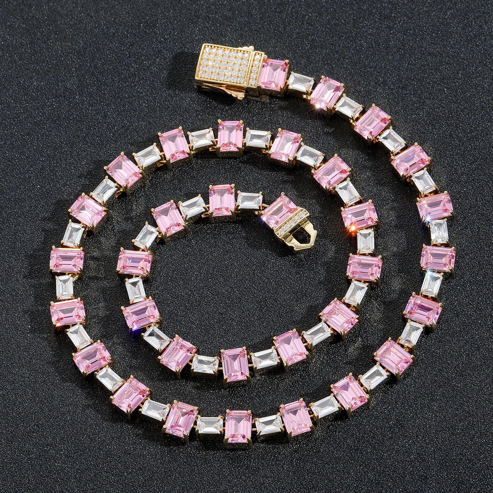 Pink Colorblock Moissanite Iced Out Simple Tennis Chain Personalized Hip Hop High Quality Choker Hip Hop Brand Necklace Pass the diamond tester