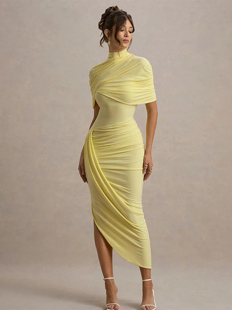 Summer Irregular Ruched Maxi Dress Women Turtleneck Backless Slim High Waist Long Dress Female Evening Club Party Dresses 250626