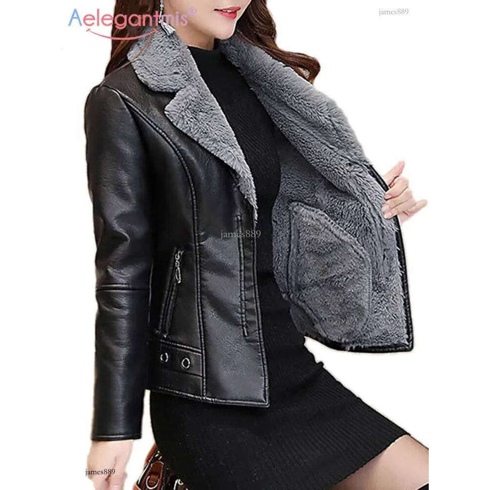 Women's Jackets Aelegantmis Autumn Winter Warm Faux Fur Coat Women Leather Jacket Ladies Slim Moto Biker Basic Jackets Plush Casual Outerwear 231
