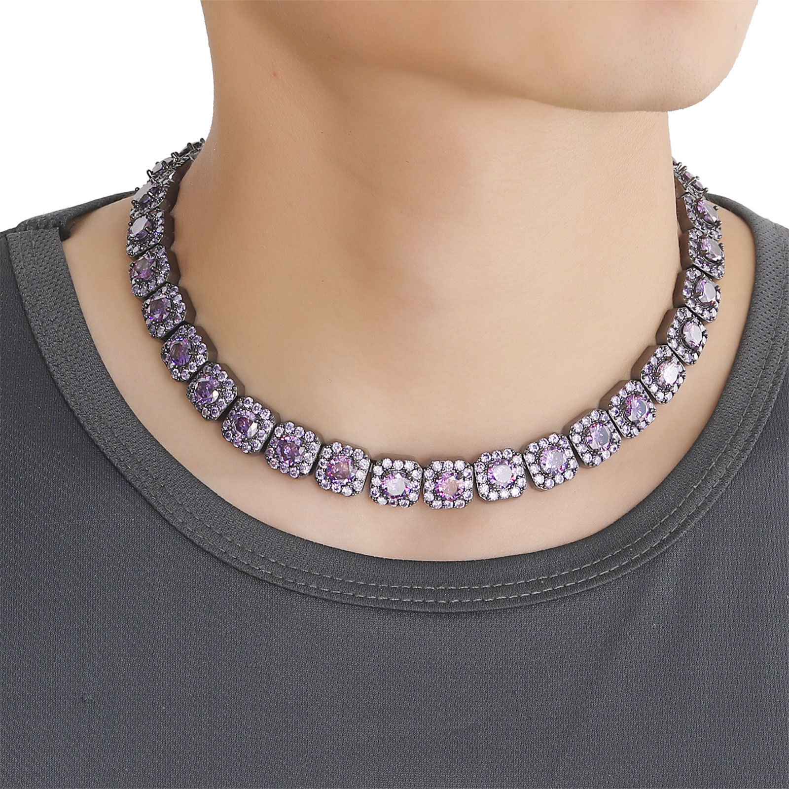 Hip Hop Purple Moissanite 12MM Icy Sugar Chain Trendy Iced Out Mens Street Collarbone Bling Bling Necklace Pass the diamond tester