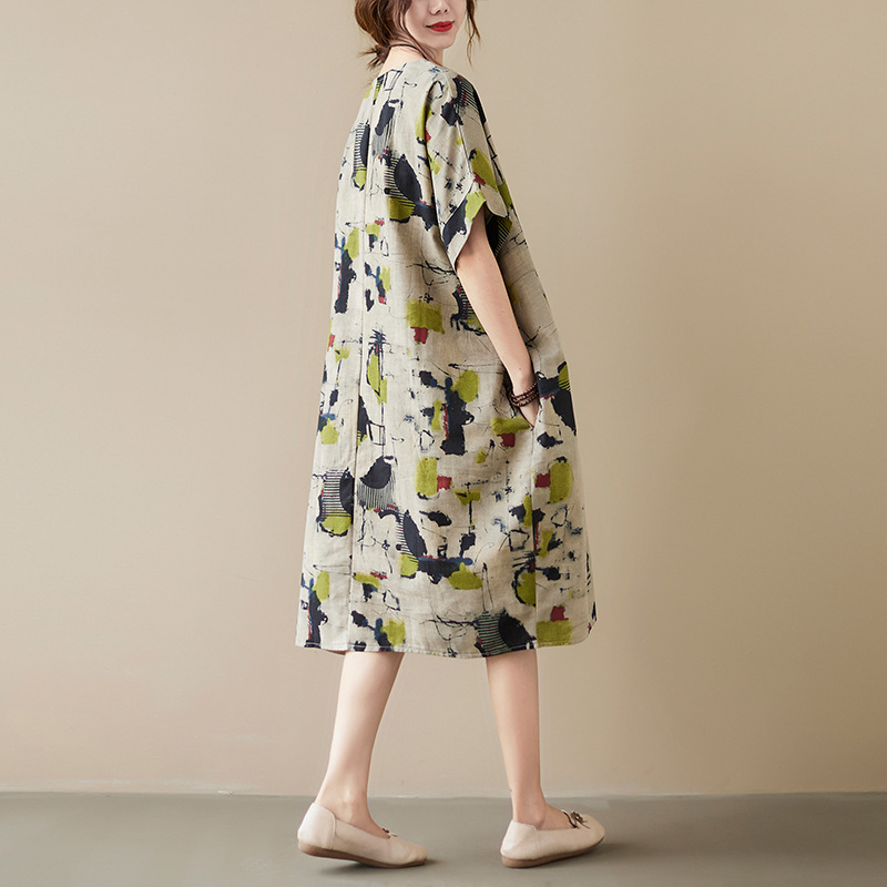 151 Spot large size literary cotton and linen printed fat girl Korean version dress