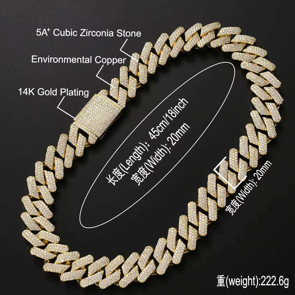 BES 20MM New Men Hip Hop Jewelry Cuban Chain Necklace Gold Plated Iced Out Cz Prong Cuban Link Chain Bracelet Necklace Jewelry