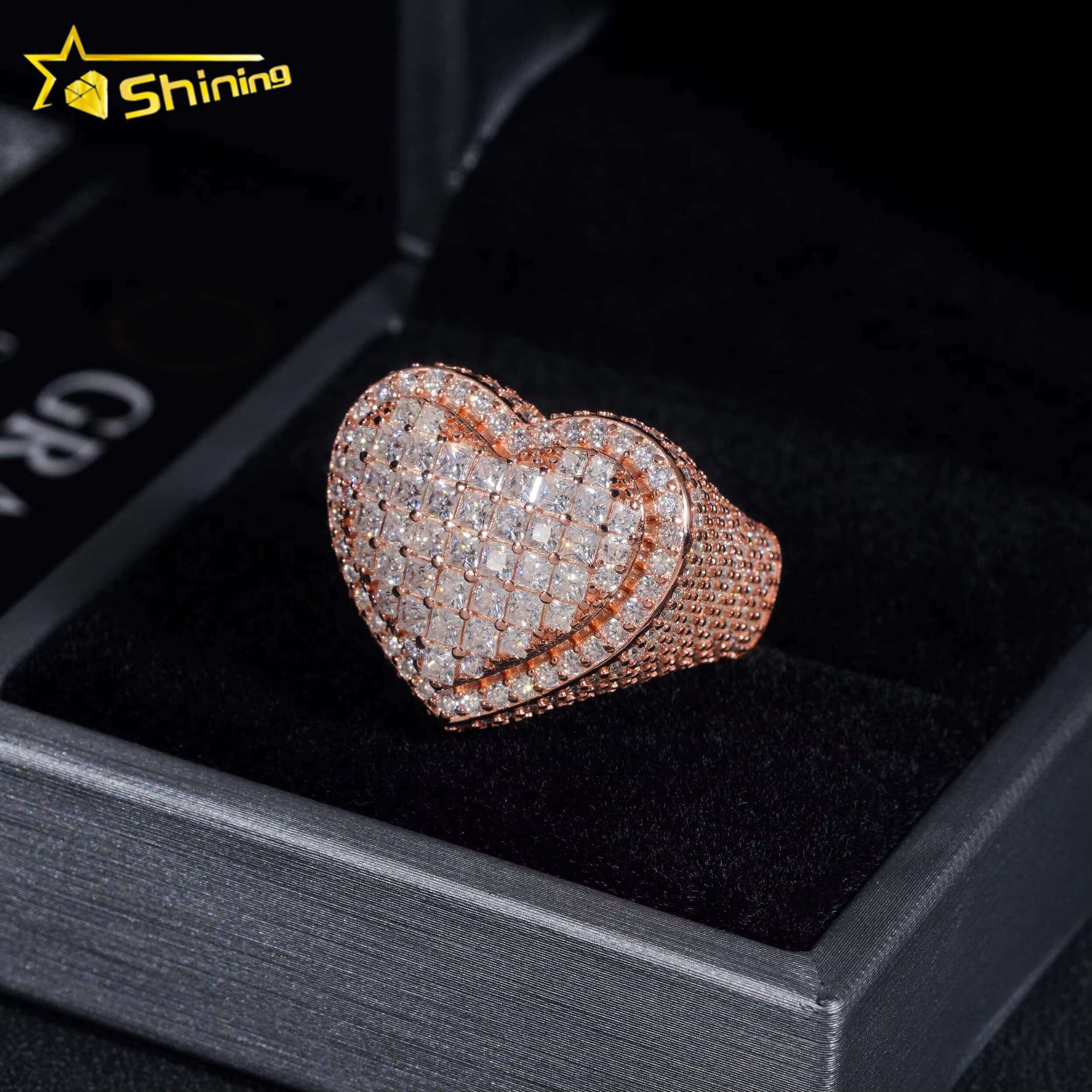 New Arrival Princess Cut Moissanite Diamond Silver Iced Out Heart Shape Hip Hop Rings Ready to Ship