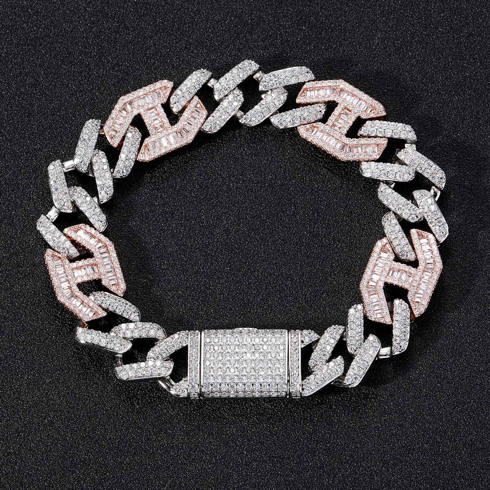 Men's Hip Hop White Gold Rose Gold 15mm VVS Moissanite Iced Out Flip Lock Bar Cuban Chain Luxury Necklace Pass the diamond tester