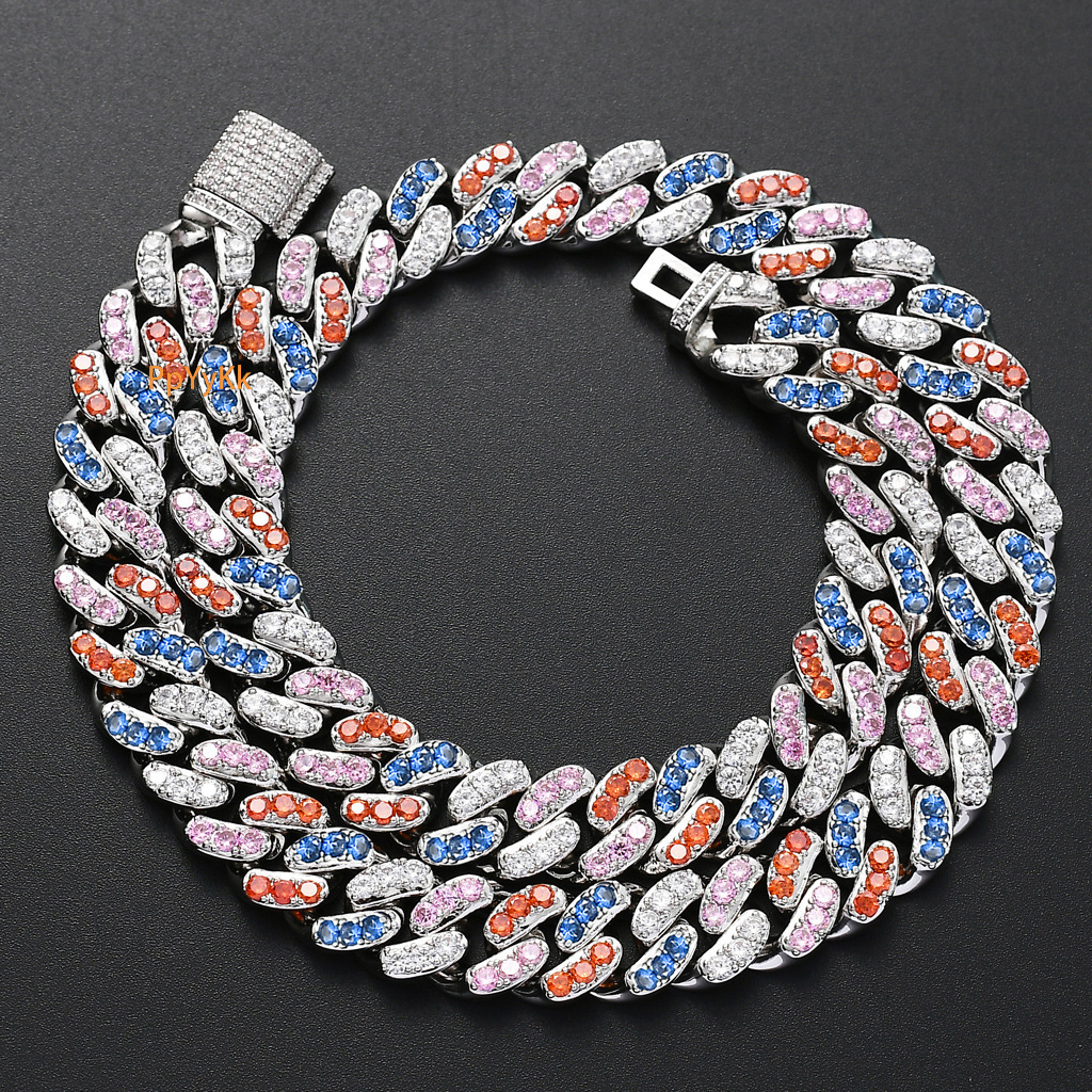 New Hip Hop 12mm 4 Color Moissanite Cuban Chain Hiphop Accessory High Quality Pass the diamond tester