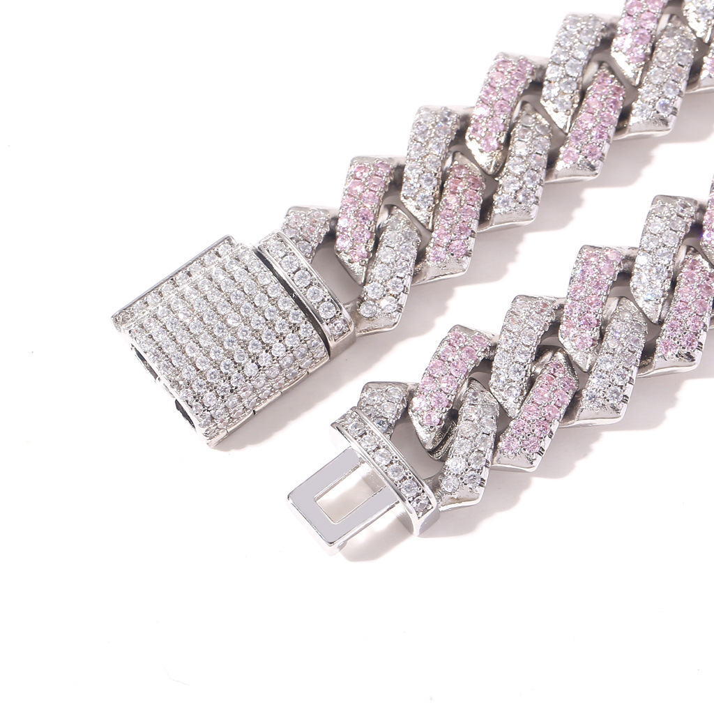 Men Hiphop Unique 14mm Bar Cuban Chain Pink Diamond Luxury Moissanite Trendy Accessory Pass the diamond tester
