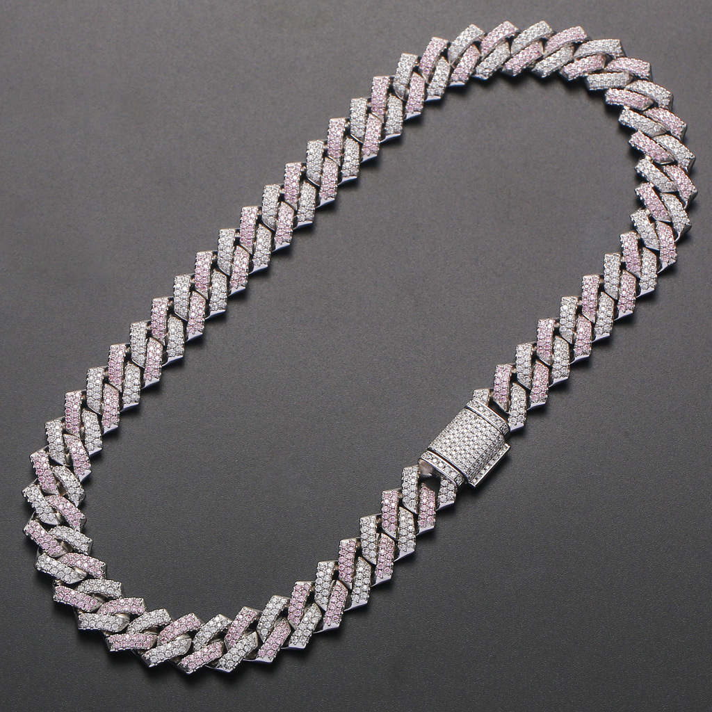 Men Hiphop Unique 14mm Bar Cuban Chain Pink Diamond Luxury Moissanite Trendy Accessory Pass the diamond tester