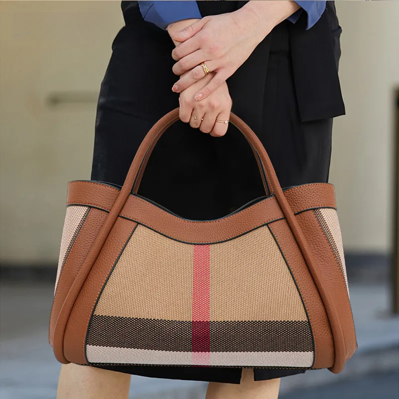 Free Shipping Aidrani 2025 New Retro Checkered Women's Designer Handbag Large Capacity Canvas Genuine Leather Bag