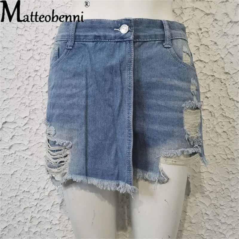2024 Summer Women Ripped Repaired Denim Shorts High Waist Bodycon Distressed Hole Bottoms Casual Pockets Sexy Short Jeans 250625