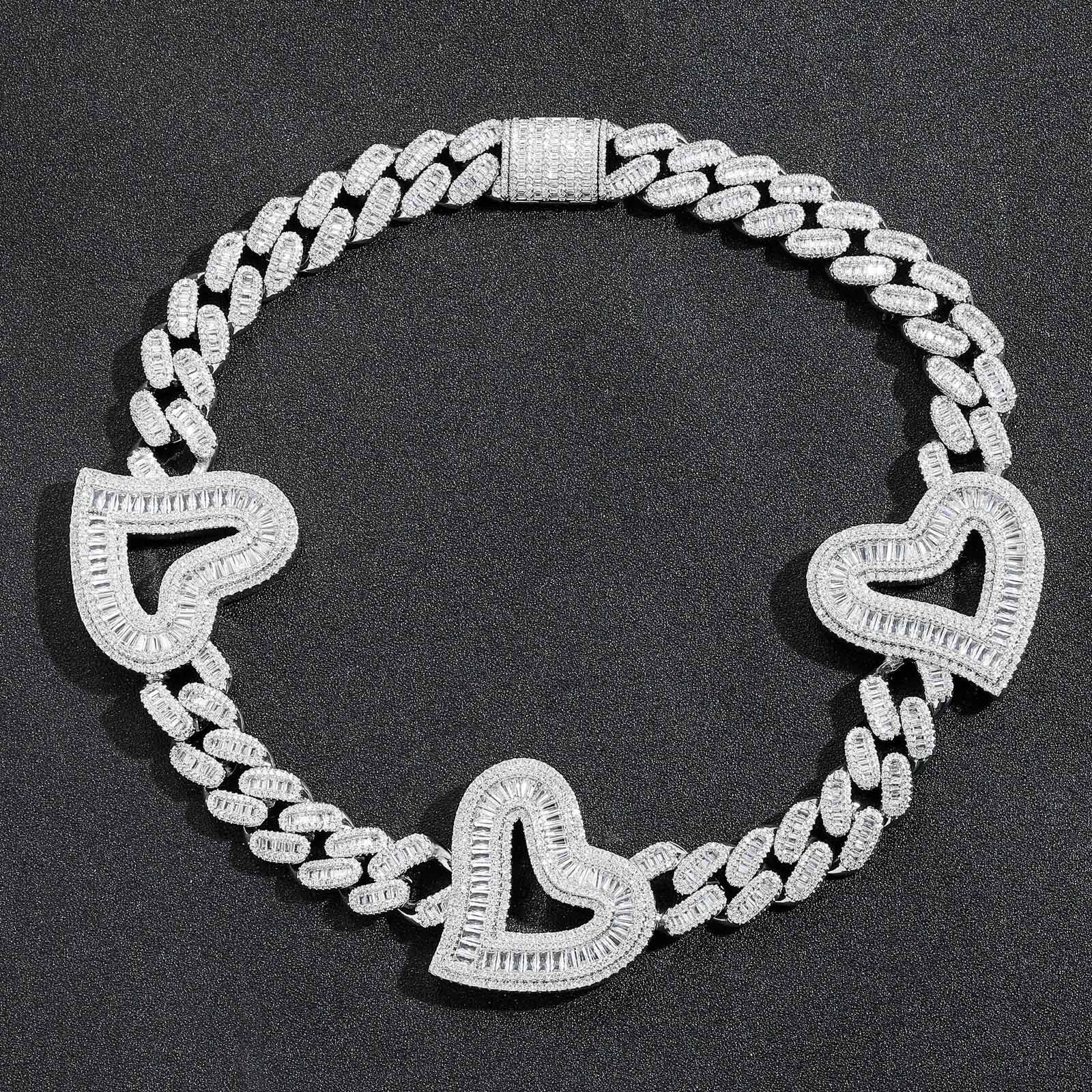 New Love Heart Cuban Link Chain Baguette Moissanite Peach Heart Unisex Trendy Iced Out Accessory Bling Bling Necklace Pass the diamond tester