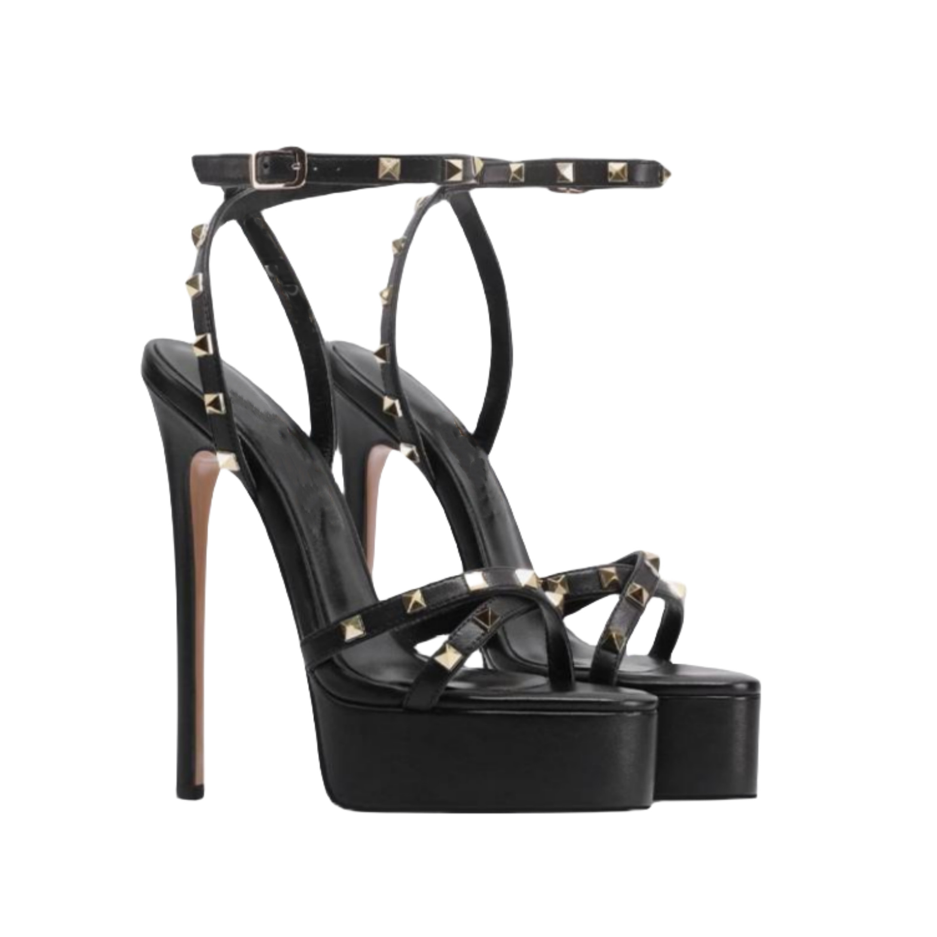 Women's Wide Width Peep Toe Platform Sandals - 10cm Heel with Geometric Studs (Adjustable Strap Nightlife Shoes)