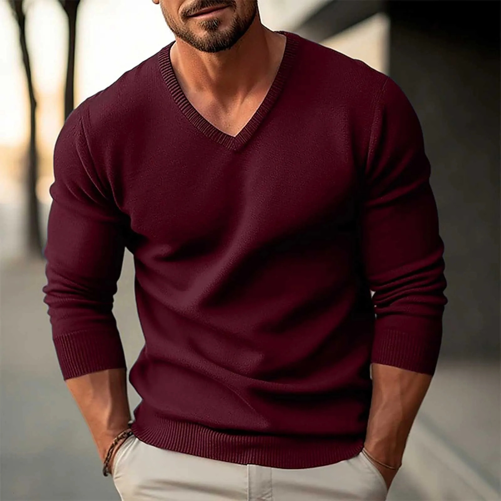 V Neck Pullover Sweater Mens Slim Autumn And Winter Knitwear Sweater Long Sleeved Mens Clothing Male Jumper Top Blouse 250628