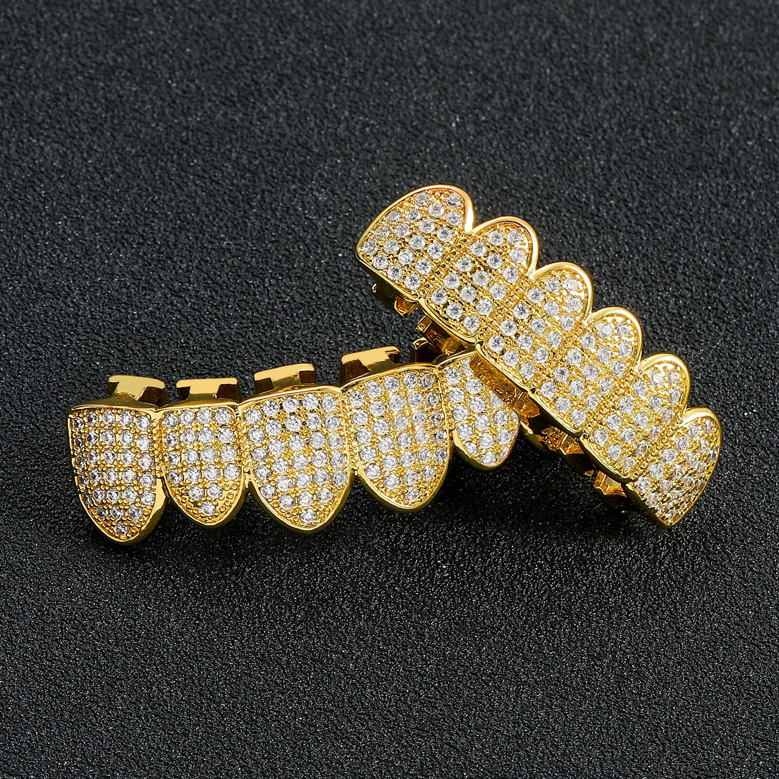 18K Gold Plated 6 Tooth Iced Out Diamond Hip Hop Grillz - Halloween Bold Statement Rapper Costume Accessories