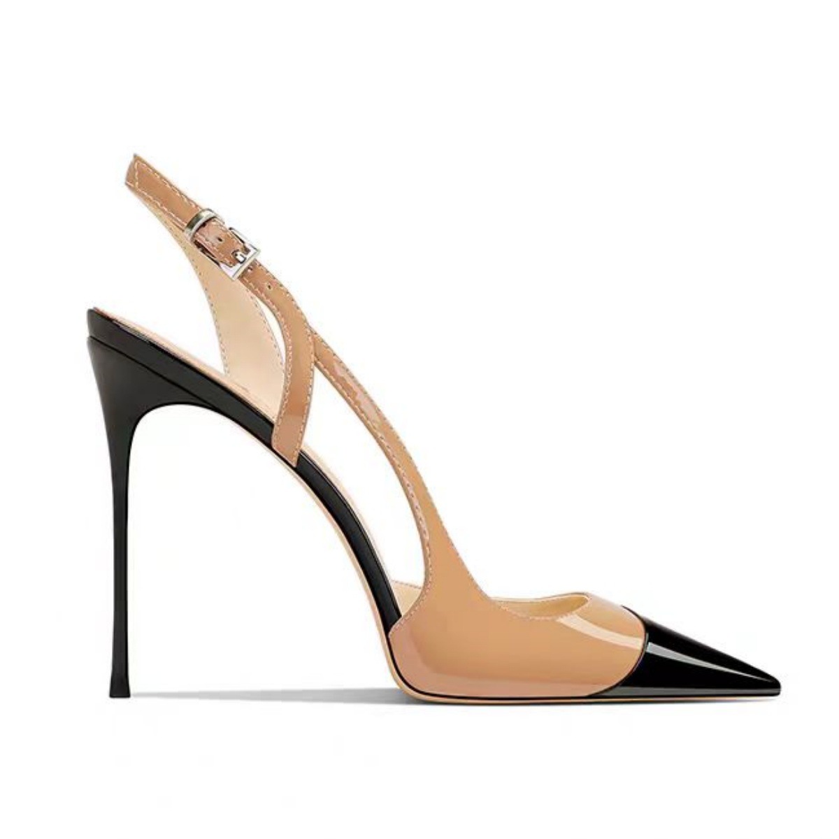 Women's Black White Patent Leather Peep Toe Pumps - Pointed Stiletto Mid Heel Dress Sandals (Office/Evening Shoes)