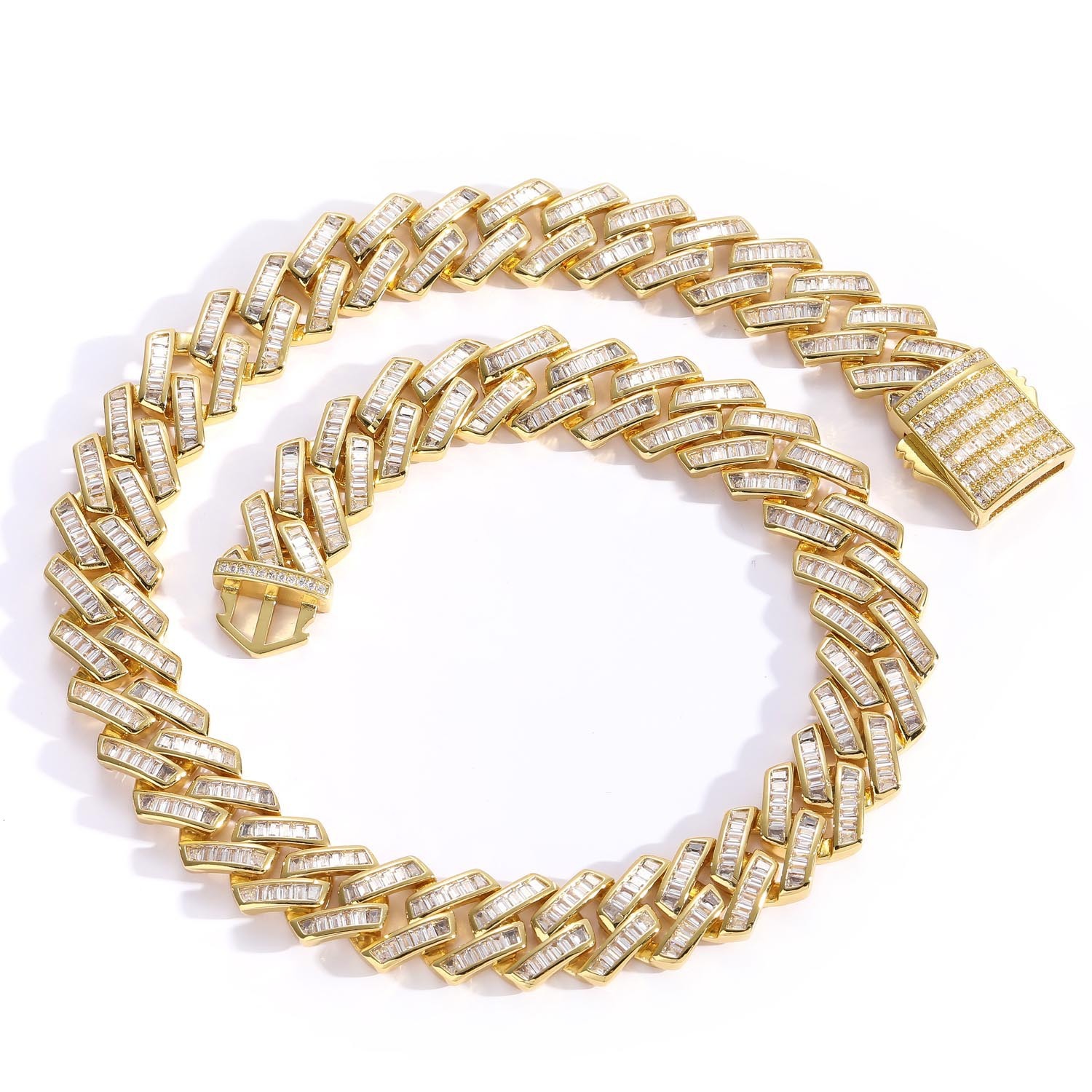 Men's Hiphop 16mm Baguette Moissanite Spring Clasp Diamond Paved Rhombus Cuban Link Chain Accessory Pass the diamond tester