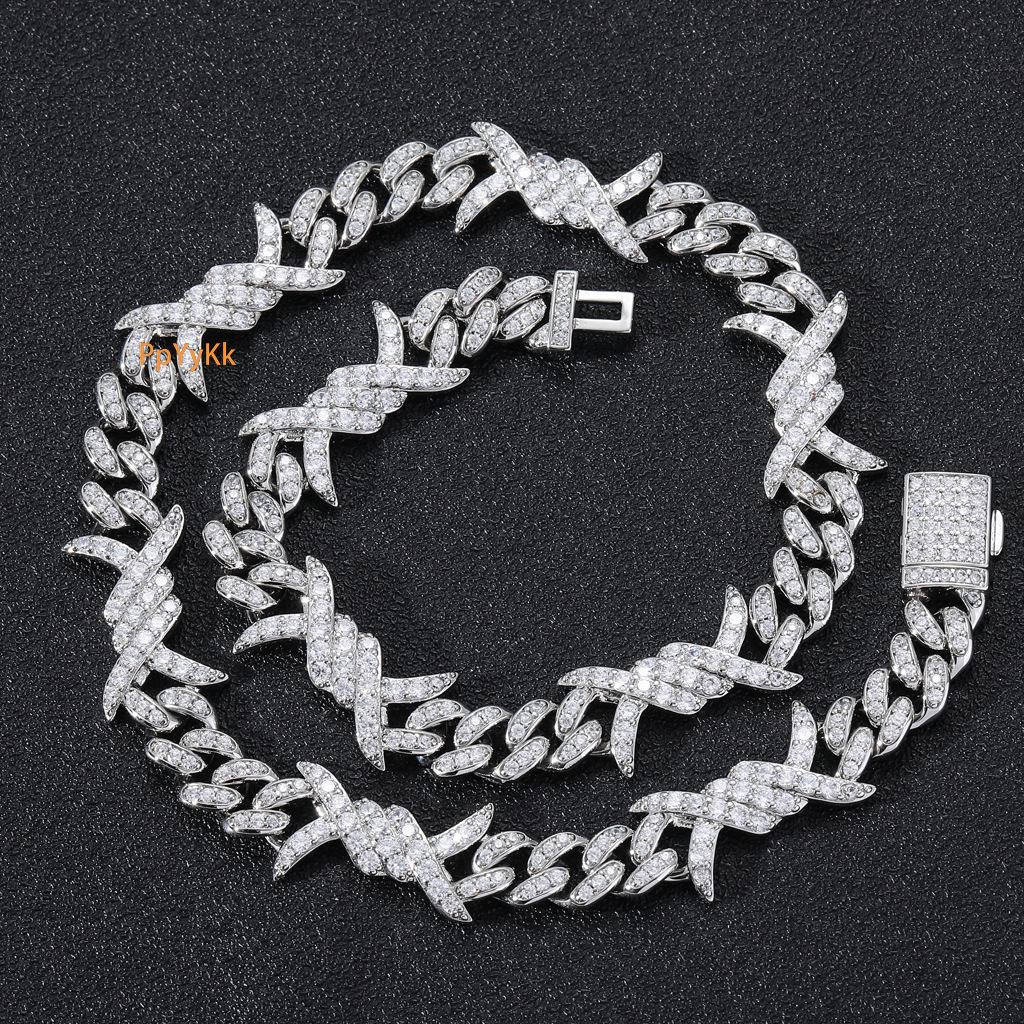 Luxury Moissanite Jewelry New Flip Clasp Thorn Cuban Chain Couple Choker Iced Out Pass the diamond tester