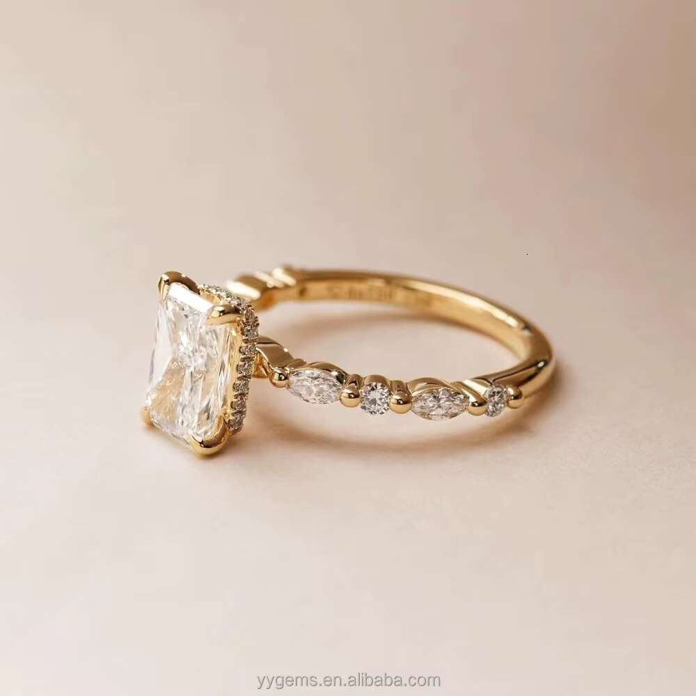 Yu Ying Women Jewelry Hidden halo 18K Yellow Gold Radiant Iced Crushed Cut Moissanite Solitaire with Accent Band Rings