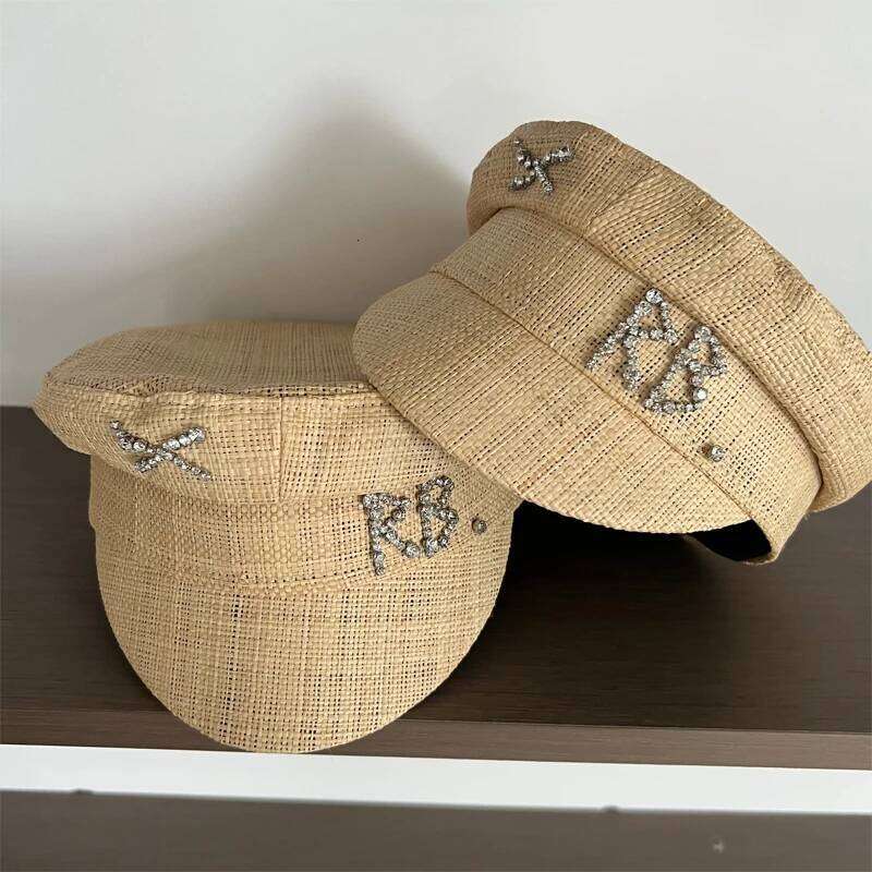 Spring Summer New Hand-sewn Raffia Newsboy Caps Crystal-Embellished Baker Boy Cap XS-L