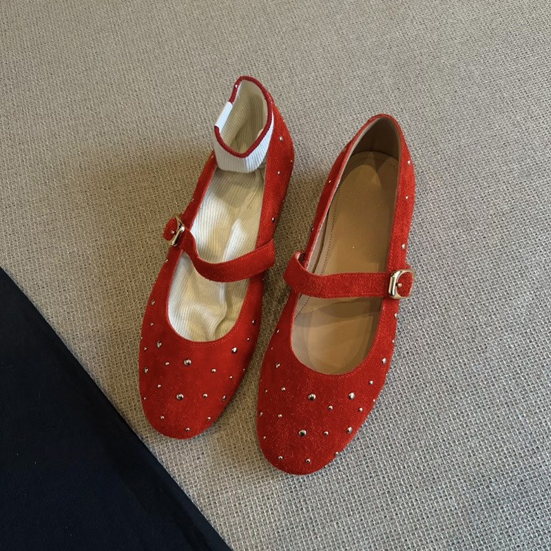 Comfortable Stylish Women Flats Shoes Fashion Designer Ladies Casual Outdoor Mary Jane Ballerina Shoes Shallow Strap Soft Sole Rivet Single Shoes
