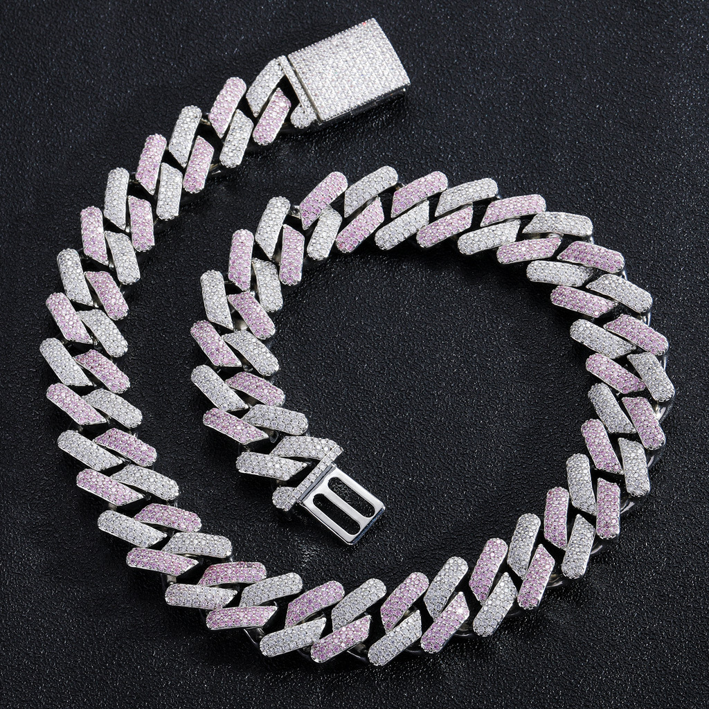 Hiphop Necklace Pink White Moissanite 20MM Box Clasp Miami Heavy Duty Cuban Iced Out Men Pass the diamond tester