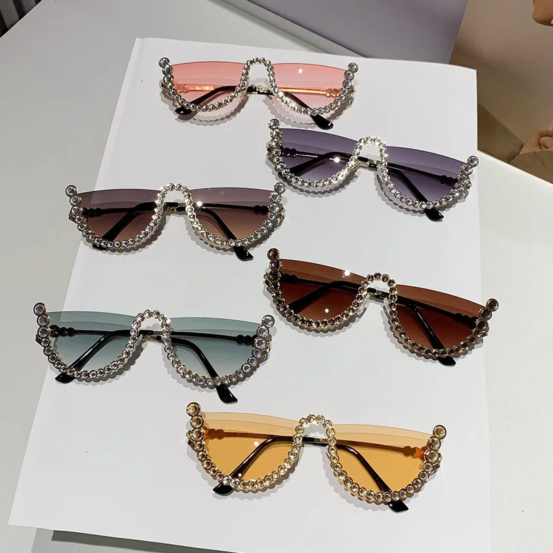 Diamond Half Frame Sunglasse For Female Vintage Fashion Sun Glasses Punk Rhinestone Crystal Metal 250627