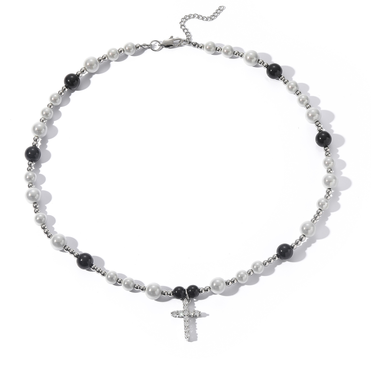 Hip Hop Black White Reflective Pearl Cross Necklace Premium ABS Pearl Men's Collarbone Chain Pass the diamond tester