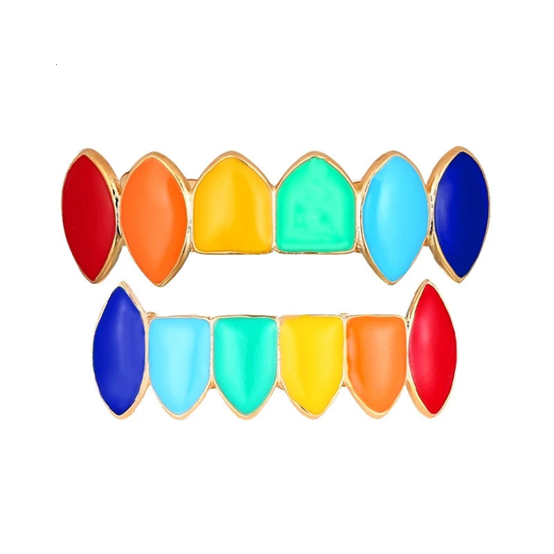 New 18K Gold Plated Iced Out Iridescent Pointed Fangs Hip Hop Grillz - High Quality Vampire Halloween Rapper Costume Accessories
