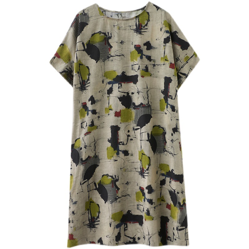 151 Spot large size literary cotton and linen printed fat girl Korean version dress
