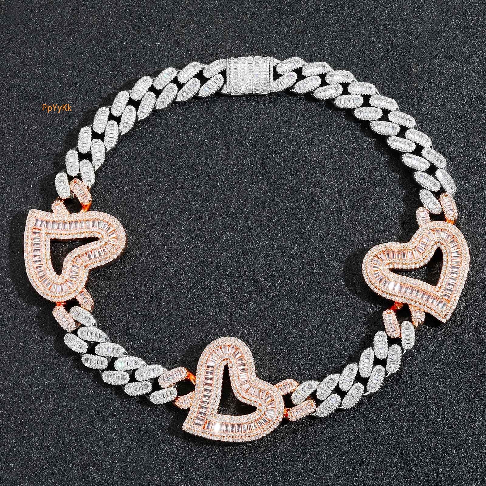 New Love Heart Cuban Link Chain Baguette Moissanite Peach Heart Unisex Trendy Iced Out Accessory Bling Bling Necklace Pass the diamond tester