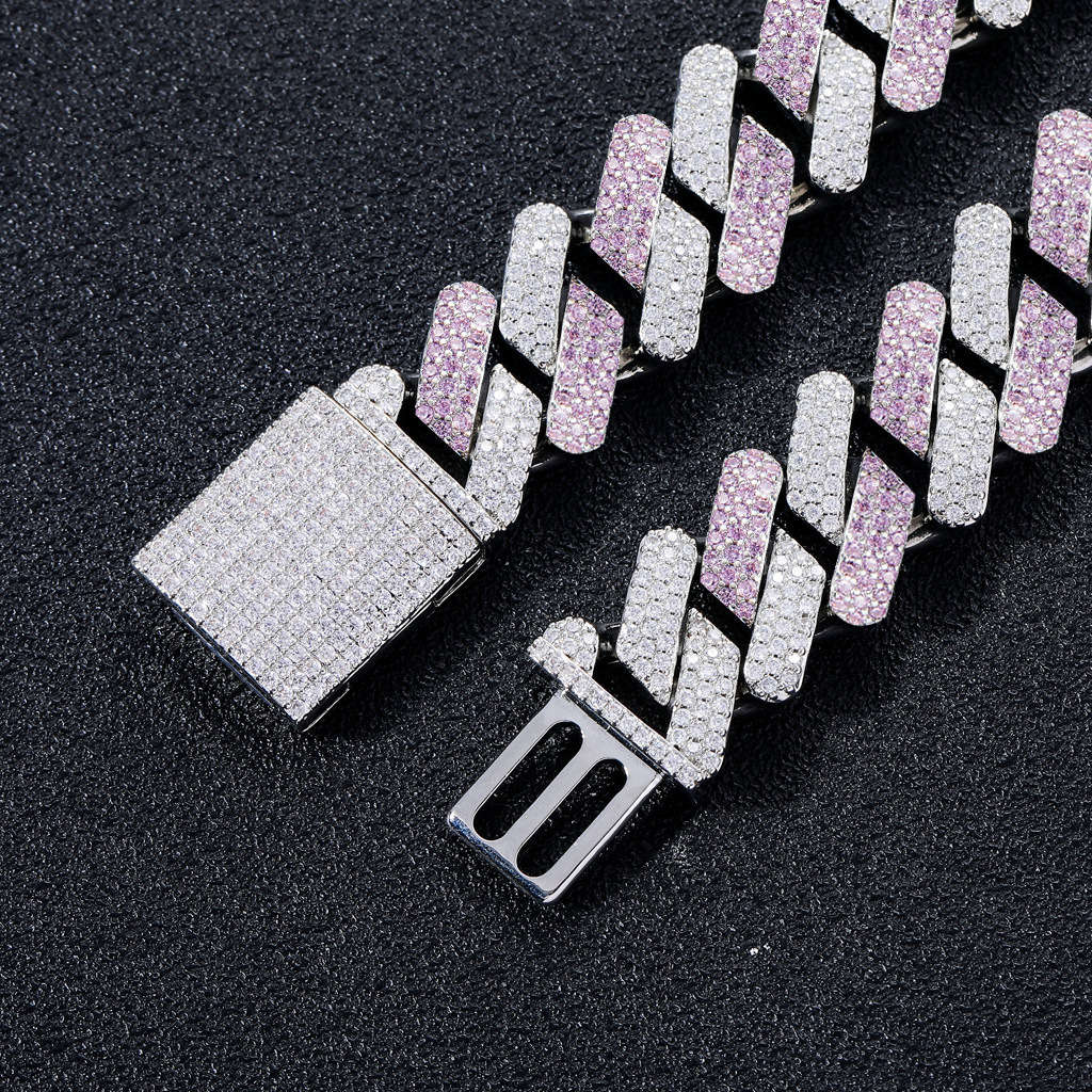 Hiphop Necklace Pink White Moissanite 20MM Box Clasp Miami Heavy Duty Cuban Iced Out Men Pass the diamond tester