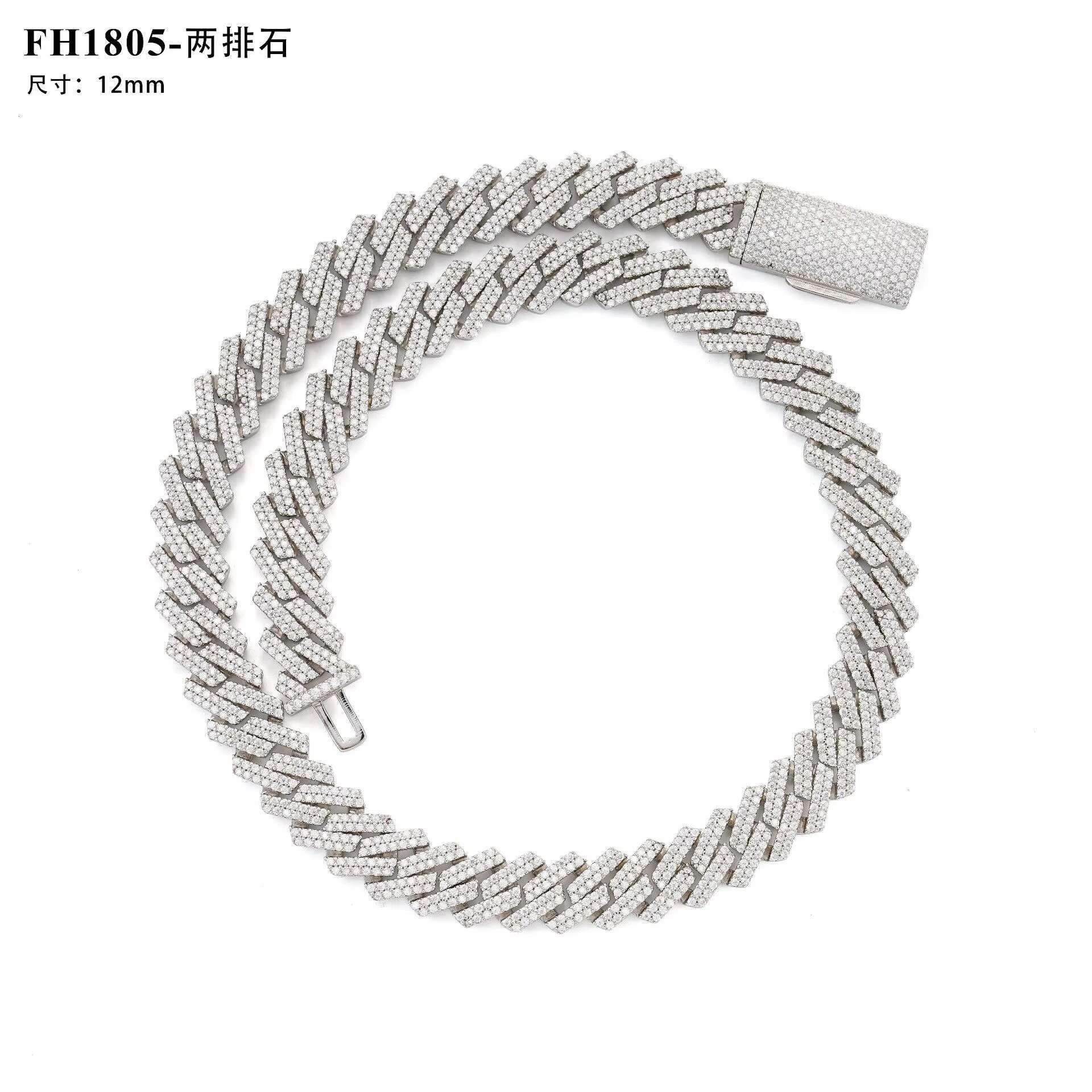 12mm Fashion Cuba Necklace 925 Silver Full Diamond Bracelet Personalized Two-Row Moissanite Hot Cross-Border Foreign Trade Item
