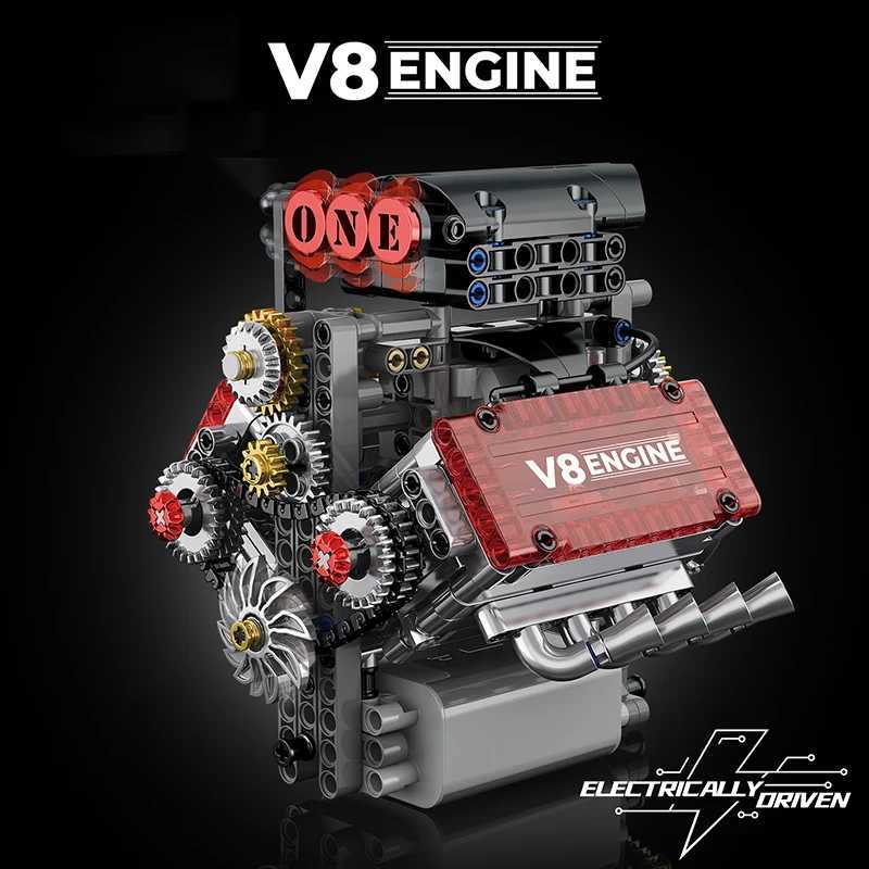 Brick V8 Engine Motorized Simulation Model Electrically Drive Building Blocks Technical Car Parts Creative Toys Gifts Boys Adult Y250628