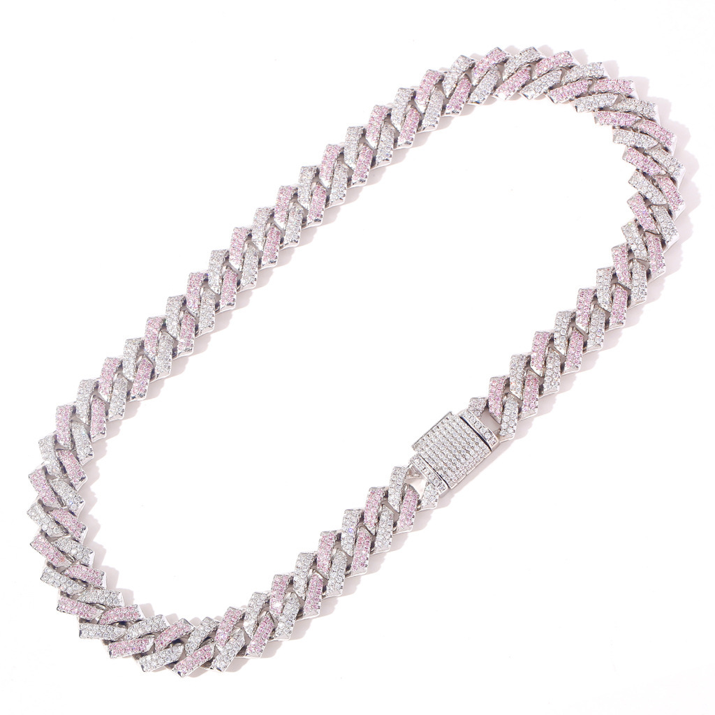 Men Hiphop Unique 14mm Bar Cuban Chain Pink Diamond Luxury Moissanite Trendy Accessory Pass the diamond tester