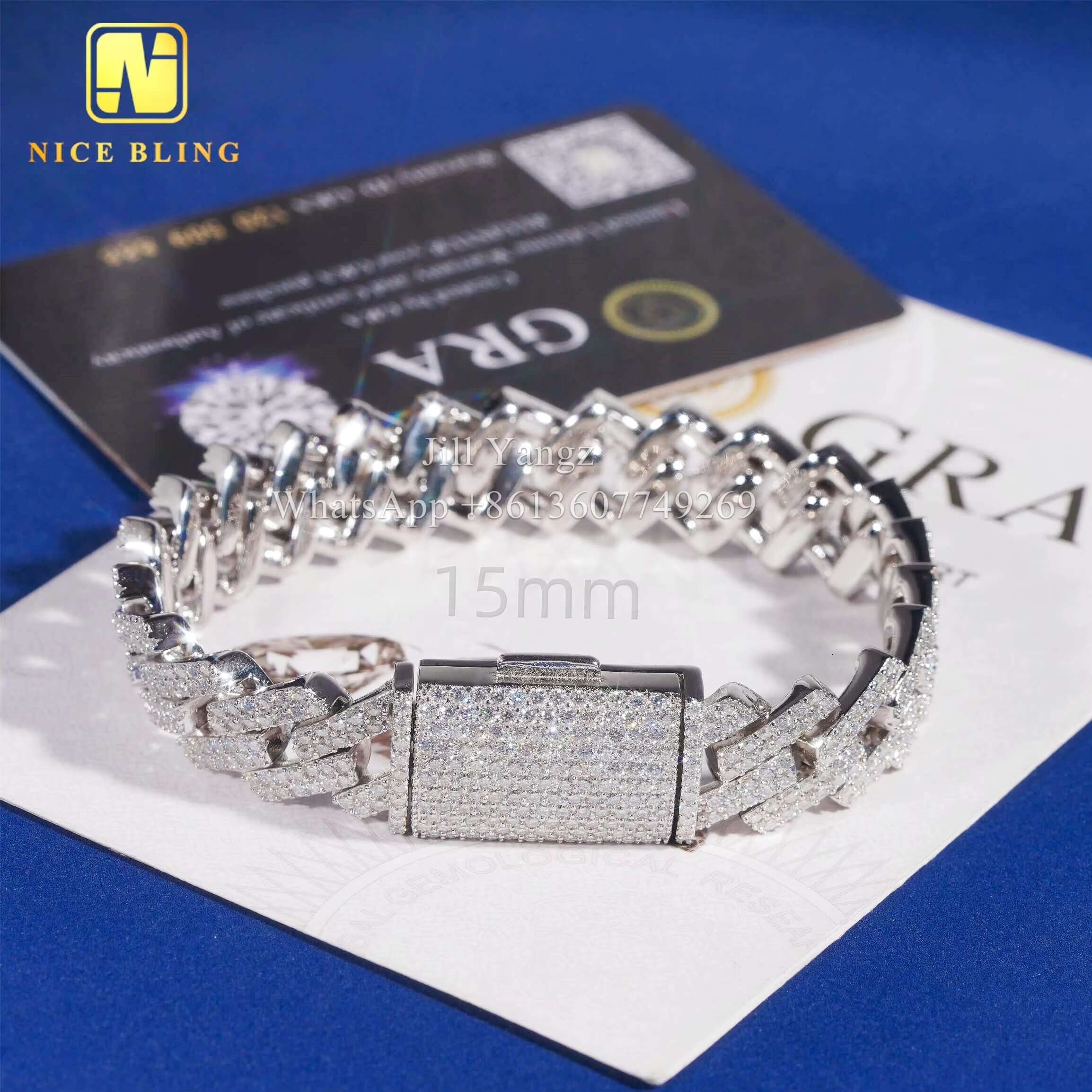 Wholesale 15mm Moissanite Chain Diamond Cuban Link Chain Necklace Fine Jewelry 18k Gold Plated Cuban Chain