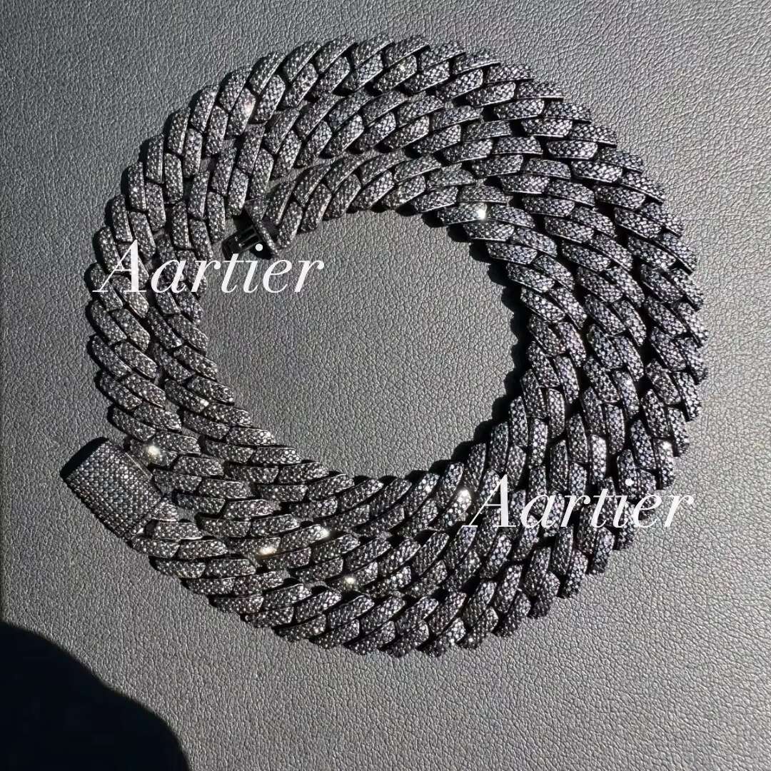 Pure Black Moissanite Miami Cuban Link Prong Chain Iced Hip-hop Necklace In 10KT Fine Gold For Unisex Wear in Occasion