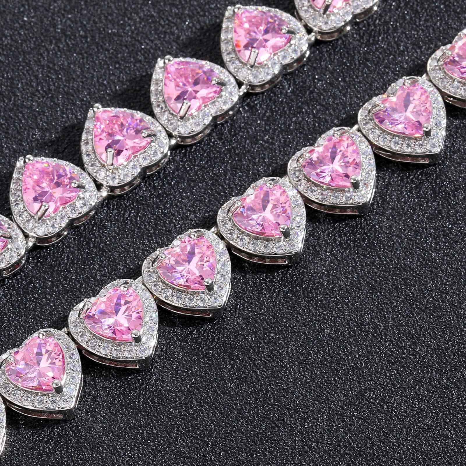 Luxury Jewelry Hip Hop 10mm Heart Pink Diamond Necklace Trendy Sweet Women's Hip Hop High-Quality Iced Accessory Pass the diamond tester