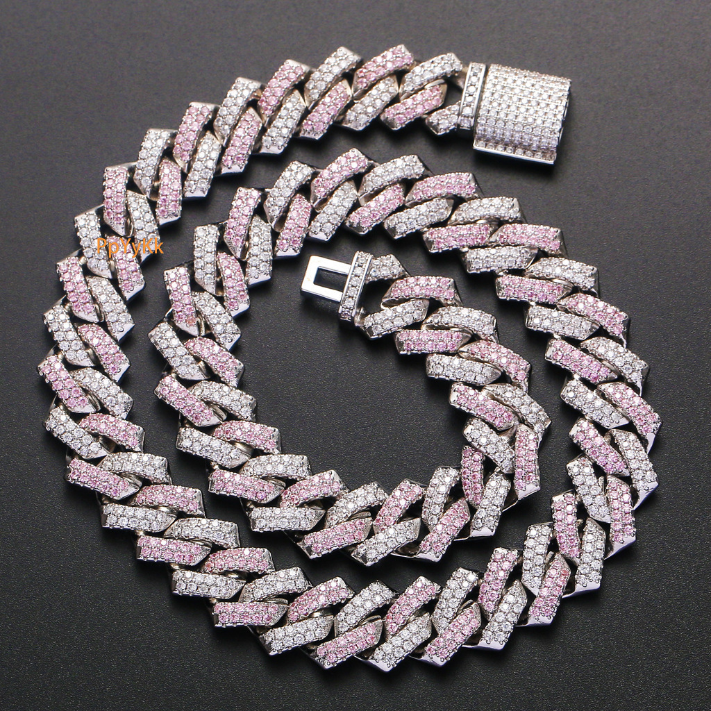 Men Hiphop Unique 14mm Bar Cuban Chain Pink Diamond Luxury Moissanite Trendy Accessory Pass the diamond tester
