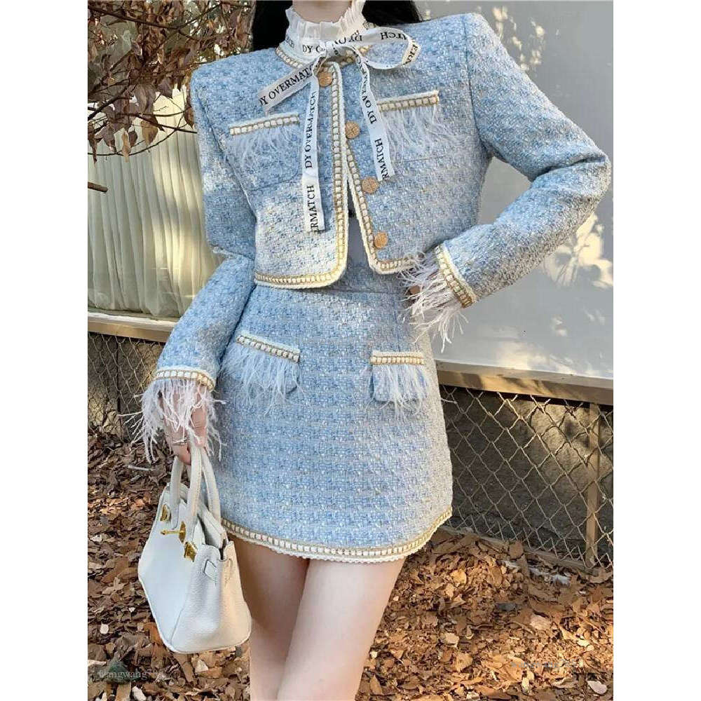 Two Piece Dress Autumn Tweed Set for Women Korean Style Long Sleeve Jacket Coat Crop Top Mini Skirt Suits Casual 2 Outfits 230926