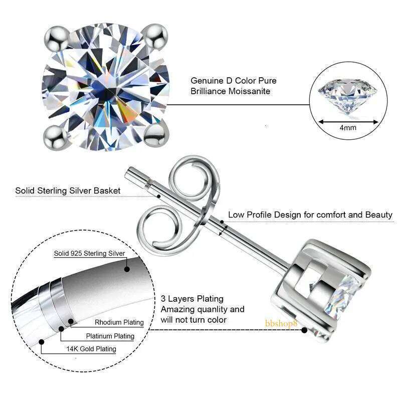 Stud Earrings Anziw Sparkle Real Moissanite Black Dia Sier Gold Ear Piercing Jewelry For Women Men Gifts 3mm/4mm/5mm