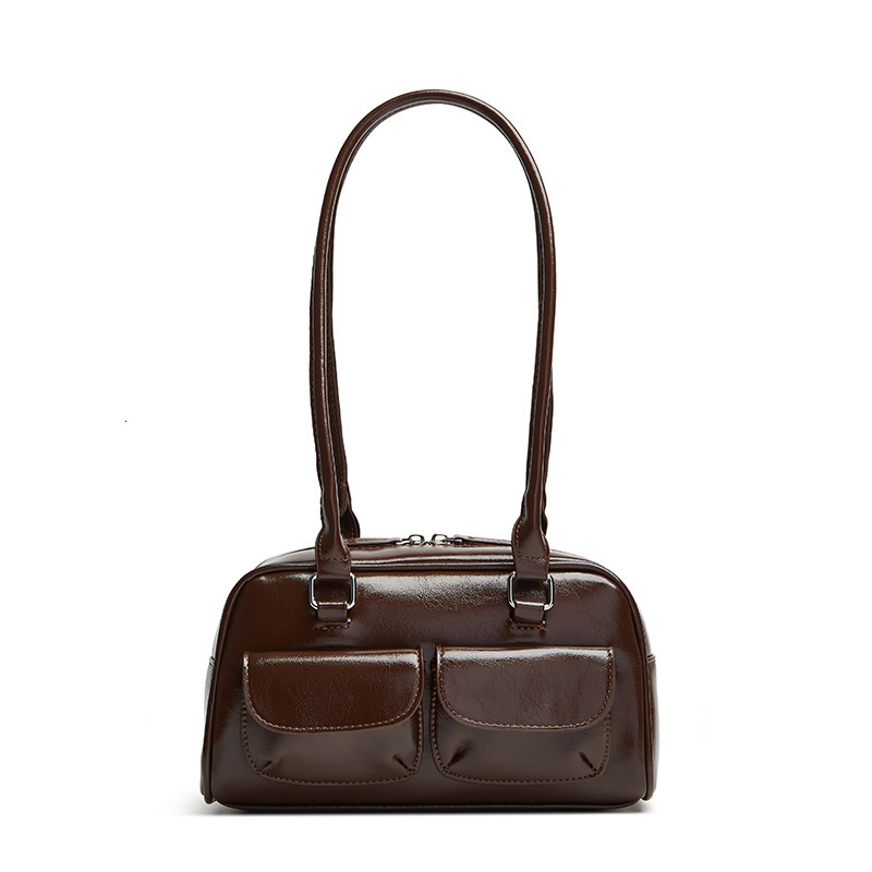 Free shipping designer Korean Hyunjin Seo Yoon-jung Same Style Oil Wax Leather Bowling Bag Multi-pocket Underarm Bag Commuter Bag Handbag Shoulder Bag