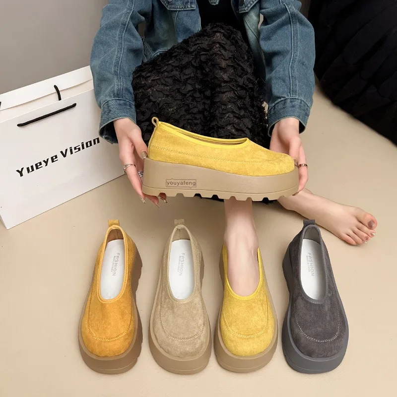 Fashion Suede Platform Shallow Woman Shoes Yellow Loafers Spring Woman Fashion Shoes Concise Chunky Heel Shoes Woman 250625
