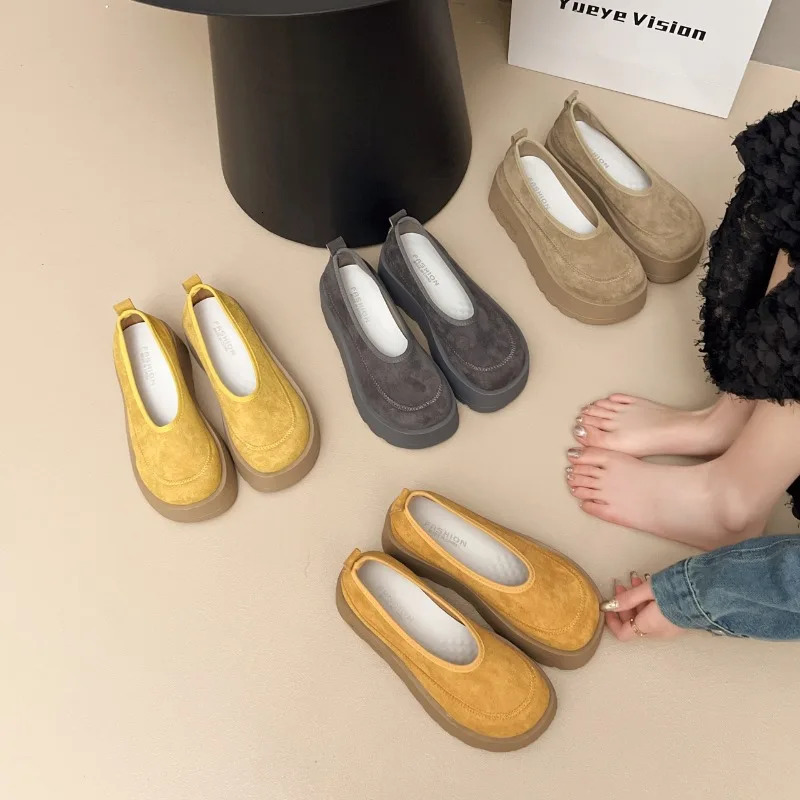 Fashion Suede Platform Shallow Woman Shoes Yellow Loafers Spring Woman Fashion Shoes Concise Chunky Heel Shoes Woman 250625