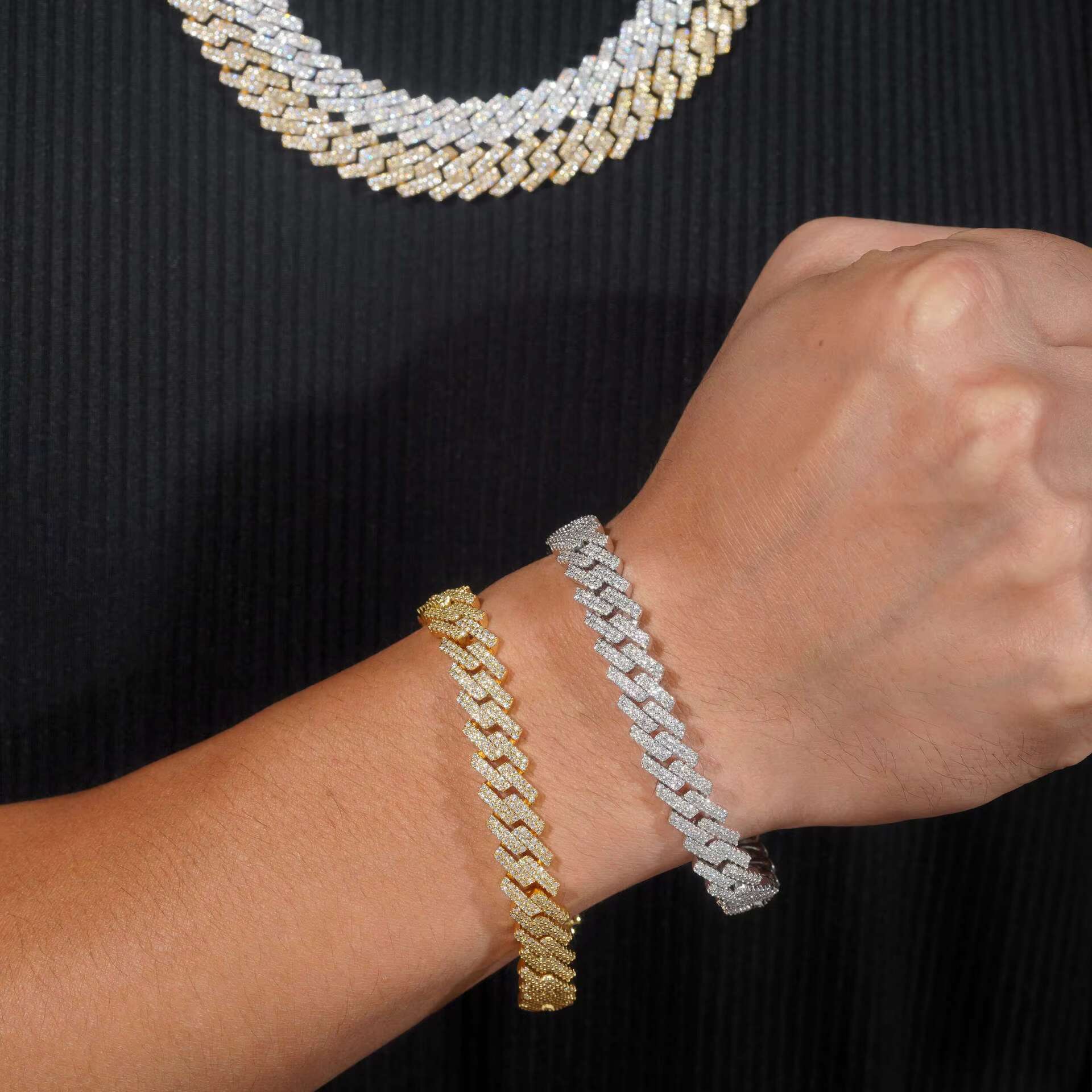 12mm Fashion Cuba Necklace 925 Silver Full Diamond Bracelet Personalized Two-Row Moissanite Hot Cross-Border Foreign Trade Item