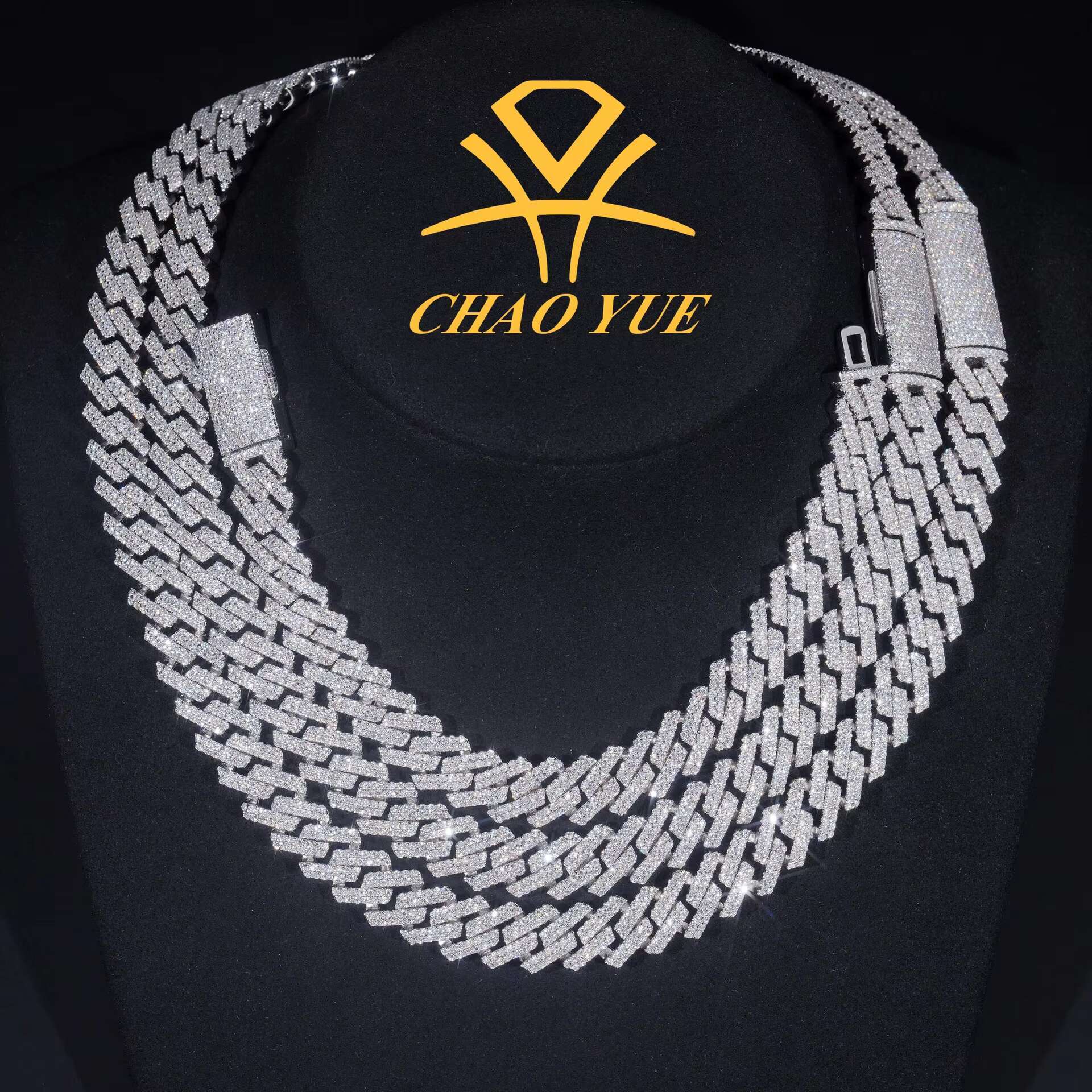 12mm Fashion Cuba Necklace 925 Silver Full Diamond Bracelet Personalized Two-Row Moissanite Hot Cross-Border Foreign Trade Item