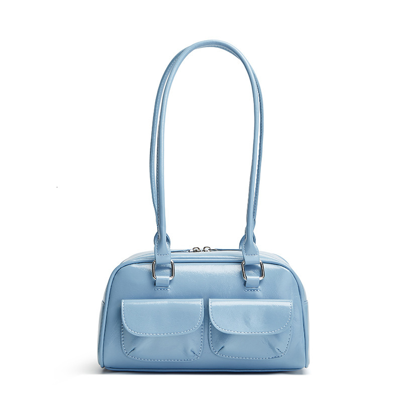 Free shipping designer Korean Hyunjin Seo Yoon-jung Same Style Oil Wax Leather Bowling Bag Multi-pocket Underarm Bag Commuter Bag Handbag Shoulder Bag