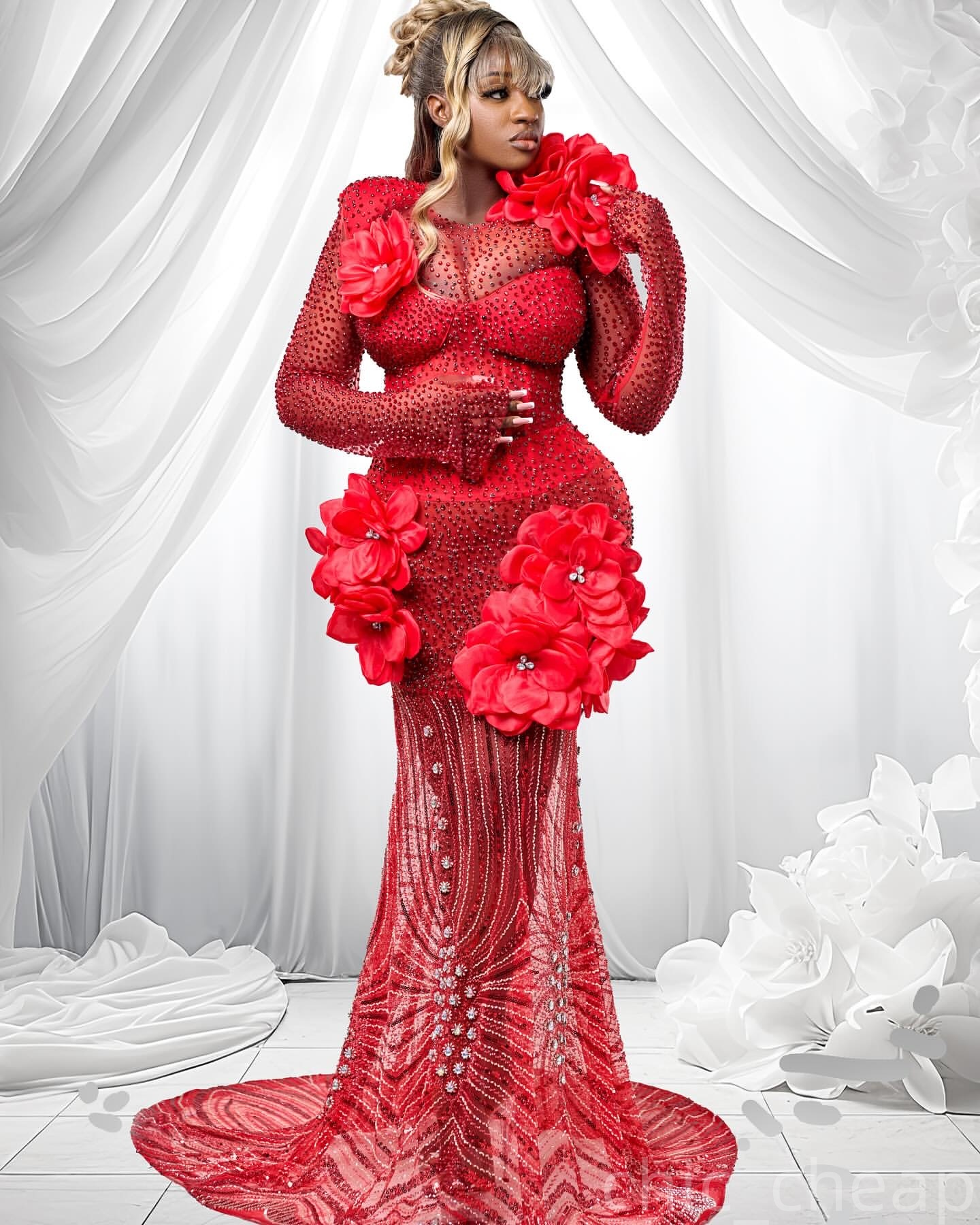 Red Mermaid Prom Dresses 2025 Flowers Crystals Sequined Evening Formal Party Second Birthday Engagement Gowns Plus Size Dress For Special Occasions ZJ