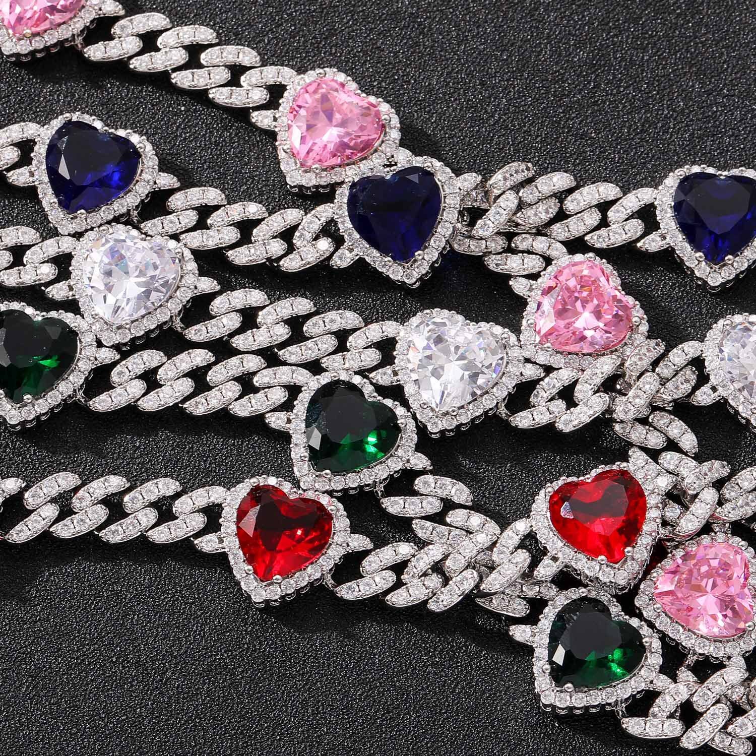 Men's Heart Shaped Moissanite 9mm Cuban Chain Iced Out Colorful Bling Luxury Couples Necklace Pass the diamond tester