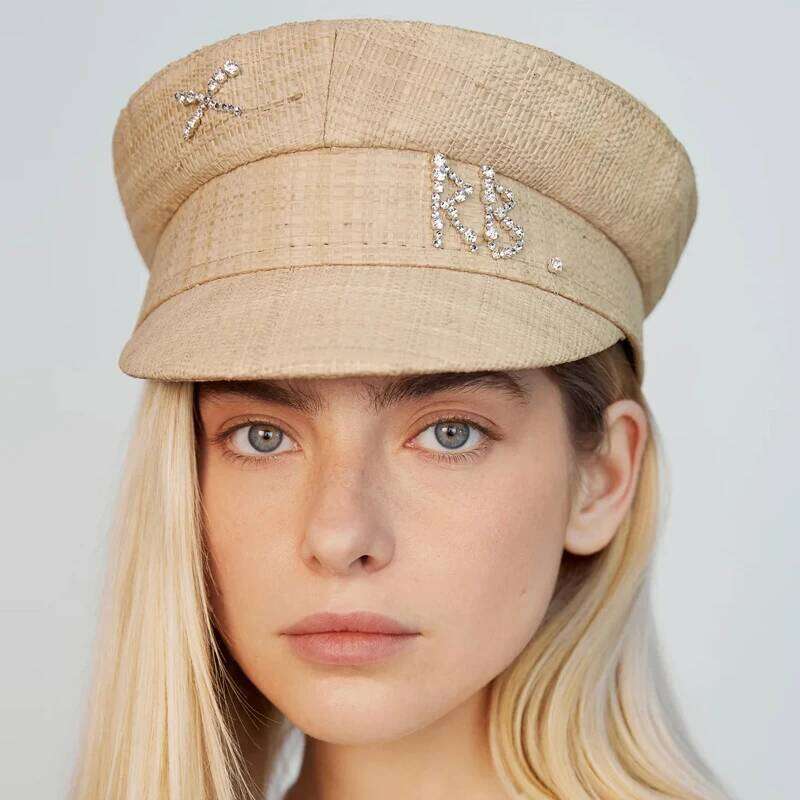 Spring Summer New Hand-sewn Raffia Newsboy Caps Crystal-Embellished Baker Boy Cap XS-L